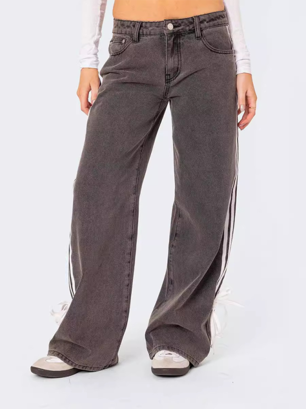 Fashion loose side drawstring wide-leg women’s jeans - Coffee / S