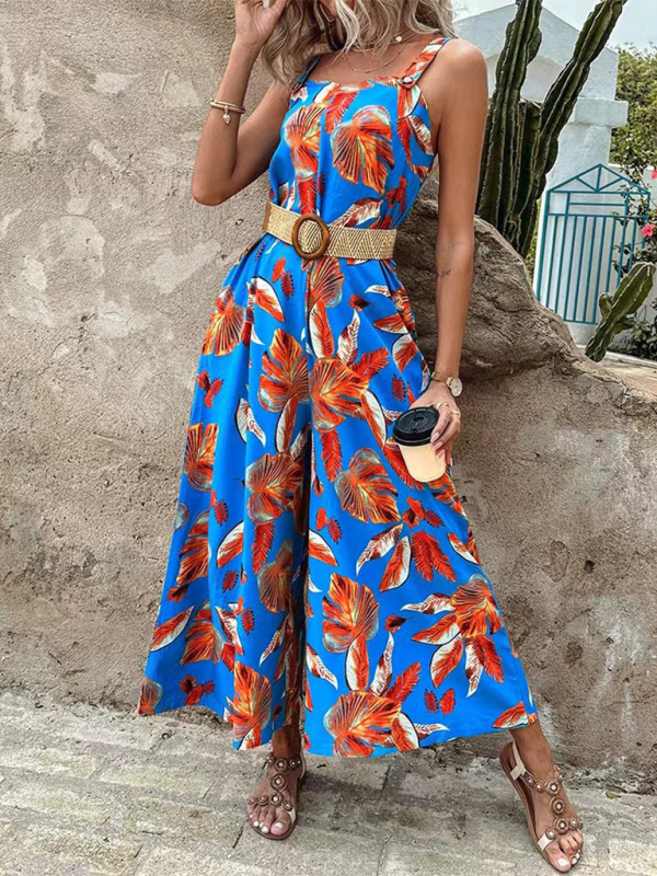 Fashion new suspender print waist jumpsuit with belt - Blue / S
