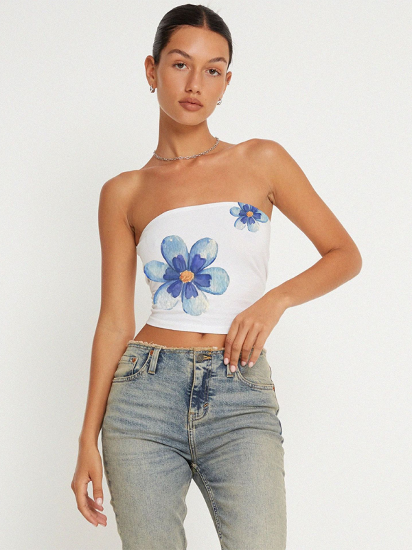 Fashion new women’s Y2K printed tube top vest - Blue / S