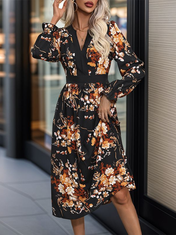 Fashion Printed Midi Fall Dress - Black / S