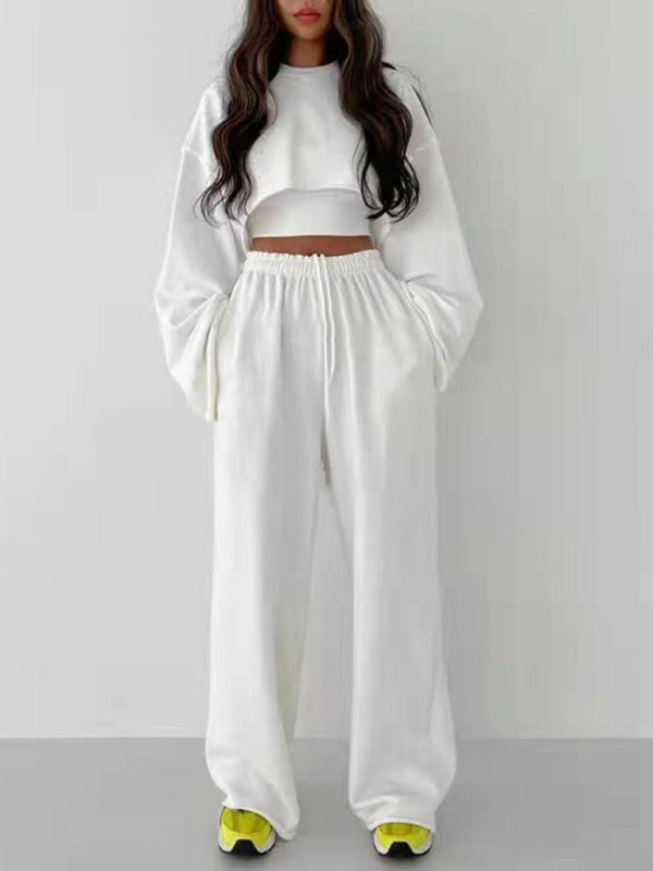 Fashion pullover long-sleeved navel sweater + suspender straight-leg wide-leg pants three-piece set - White / S