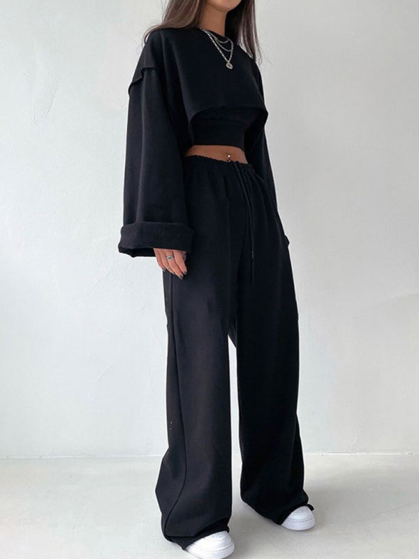 Fashion pullover long-sleeved navel sweater + suspender straight-leg wide-leg pants three-piece set - Black / S