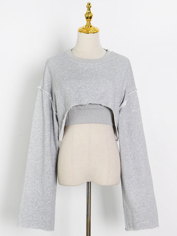 Fashion pullover long-sleeved navel sweater + suspender straight-leg wide-leg pants three-piece set - Grey / S