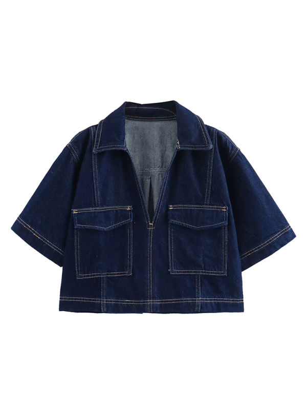 Fashion retro pocket trim short denim shirt/shorts - Top / S