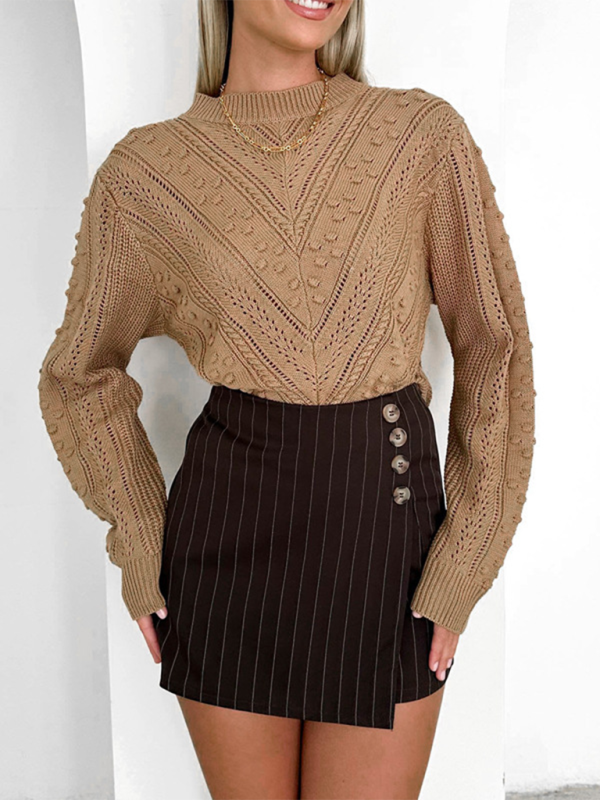 Fashion round neck jacquard sweater simple solid color sweater - Khaki / S