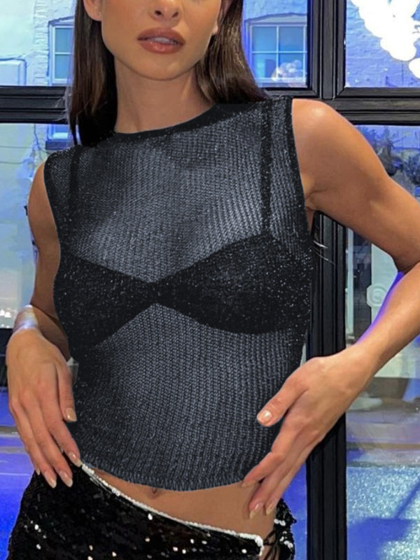 Fashion Round Neck shiny Skinny Sexy Glitter Tank Top - Black / S