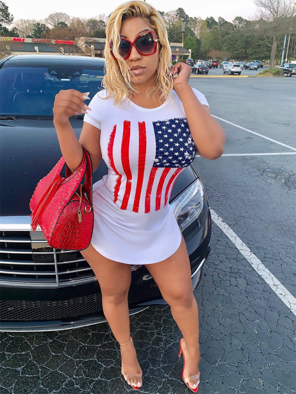 Fashion round neck slim fit American flag short sleeve top - White / S