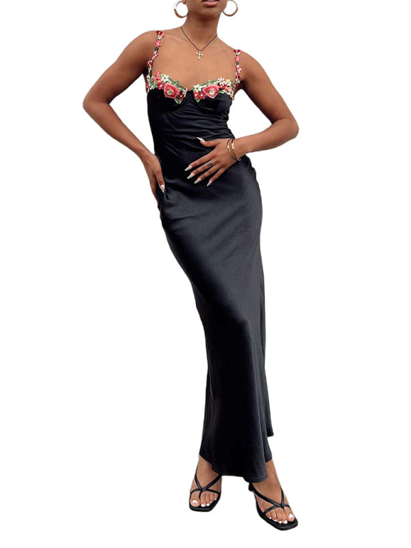 Fashion Sexy Embroidered Lace Camisole Solid Color Long Dress - Black / S