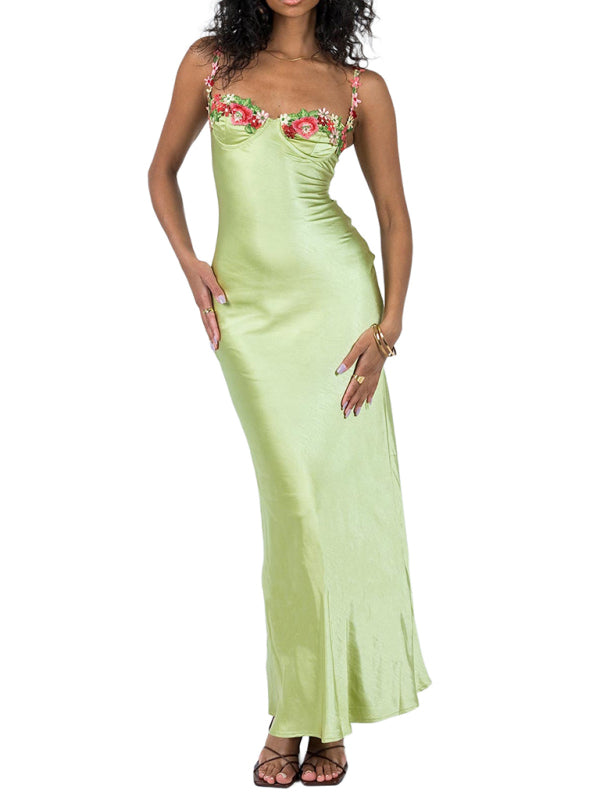 Fashion Sexy Embroidered Lace Camisole Solid Color Long Dress - Pale green / S