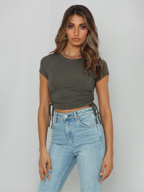Fashion sexy pit strip navel short drawstring tie round neck short-sleeved T-shirt - Charcoal grey / S