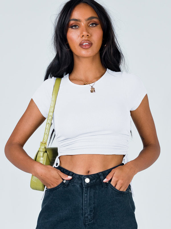 Fashion sexy pit strip navel short drawstring tie round neck short-sleeved T-shirt - White / S