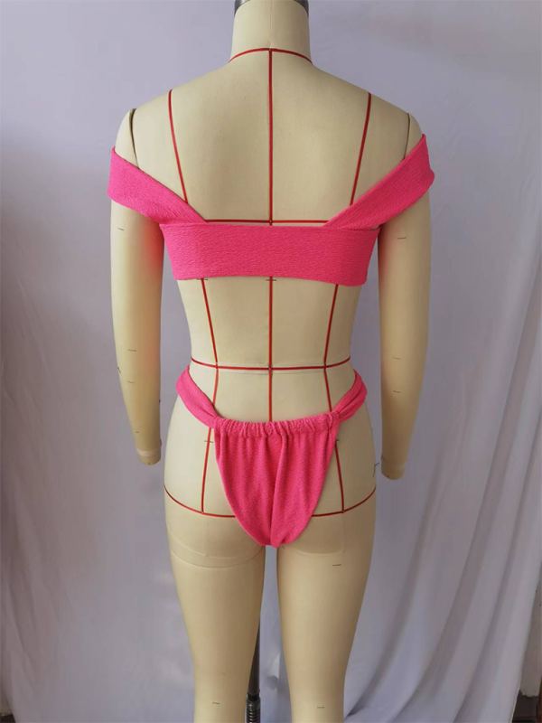 Fashion sexy two piece vacation women’s solid color one-shoulder bikini set