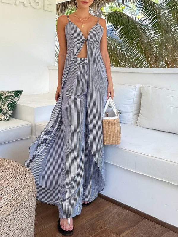 Fashion sleeveless striped camisole top with matching striped trousers two-piece set