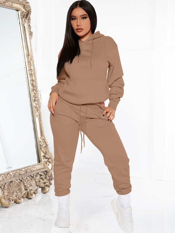 Fashion solid color casual sweater hooded sports top and bottom suit - Brown / S