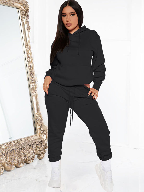 Fashion solid color casual sweater hooded sports top and bottom suit - Black / S