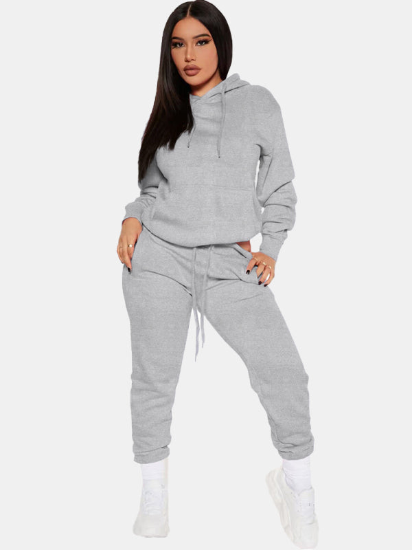 Fashion solid color casual sweater hooded sports top and bottom suit - Grey / S