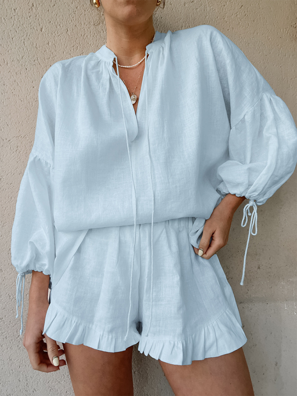 Fashion solid color loose V-neck lantern sleeve lace-up high-waisted shorts two-piece set - Blue / S