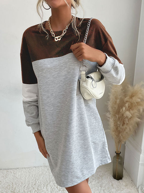 Fashion women's long sleeve color block sweatshirt dress - Closther
