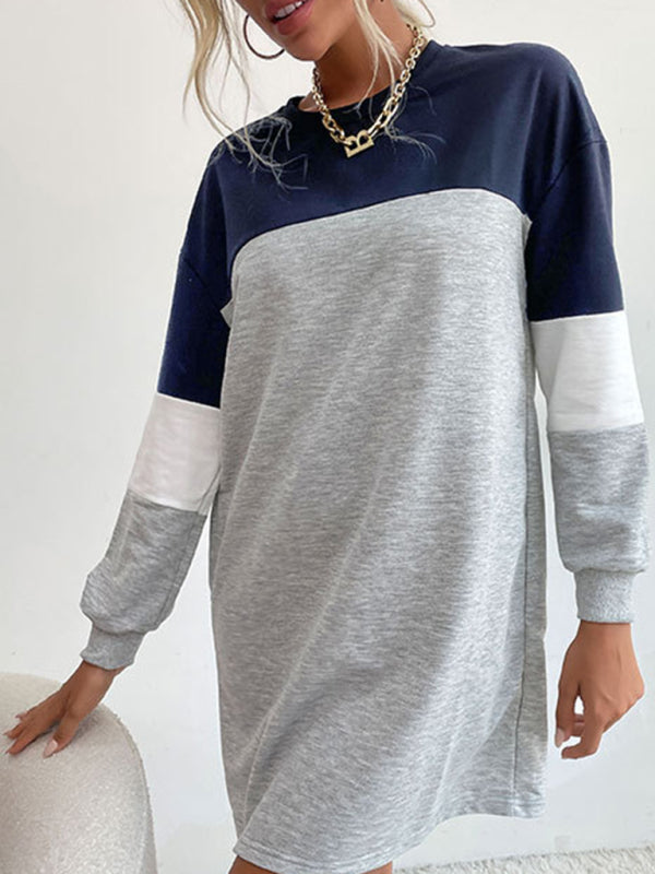 Fashion women's long sleeve color block sweatshirt dress - Closther