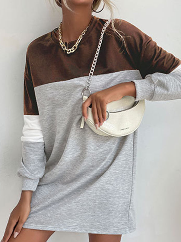 Fashion women's long sleeve color block sweatshirt dress - Closther
