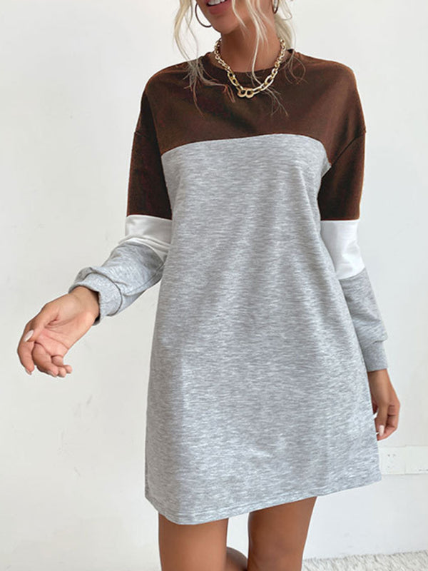 Fashion women's long sleeve color block sweatshirt dress - Closther