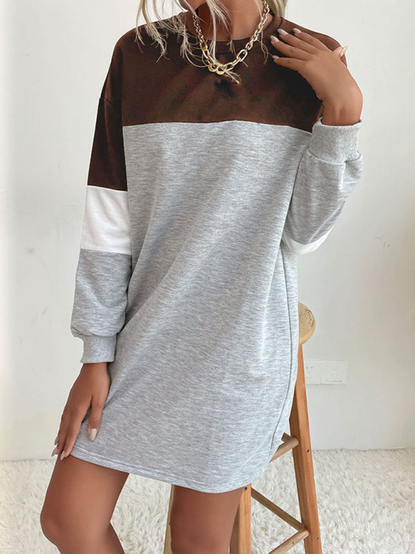 Fashion women's long sleeve color block sweatshirt dress - Closther
