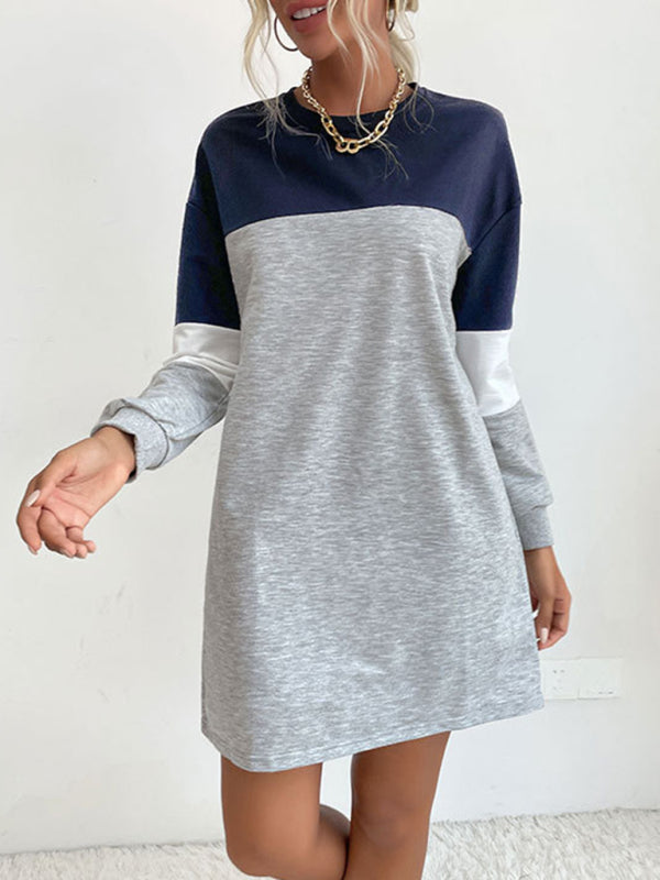 Fashion women's long sleeve color block sweatshirt dress - Closther