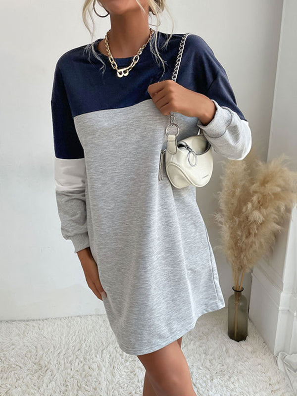 Fashion women's long sleeve color block sweatshirt dress - Closther