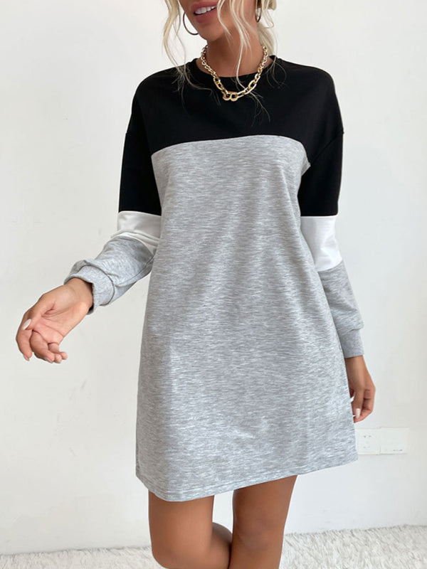Fashion women's long sleeve color block sweatshirt dress - Closther