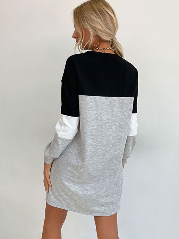 Fashion women's long sleeve color block sweatshirt dress - Closther