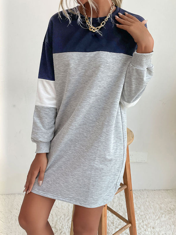 Fashion women's long sleeve color block sweatshirt dress - Closther