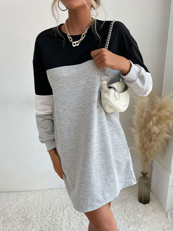 Fashion women's long sleeve color block sweatshirt dress - Closther