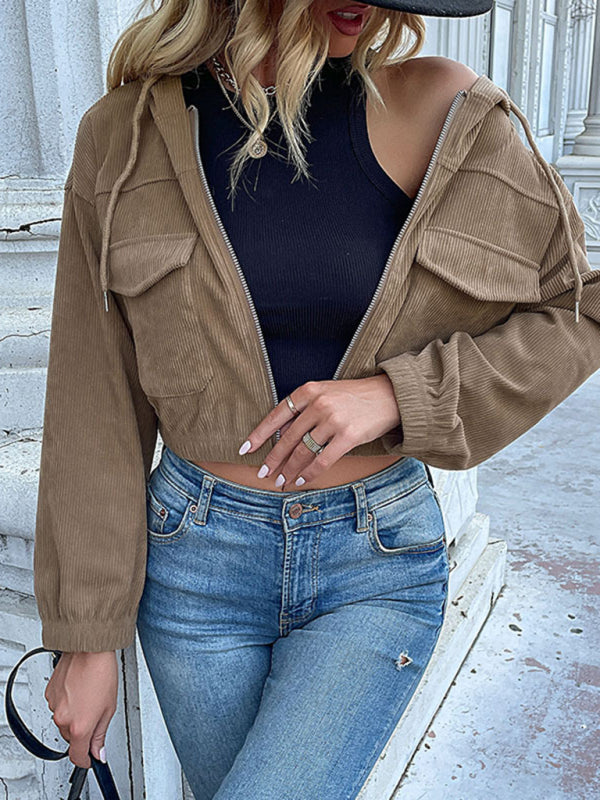 Fashion women's solid color hooded corduroy jacket - Closther