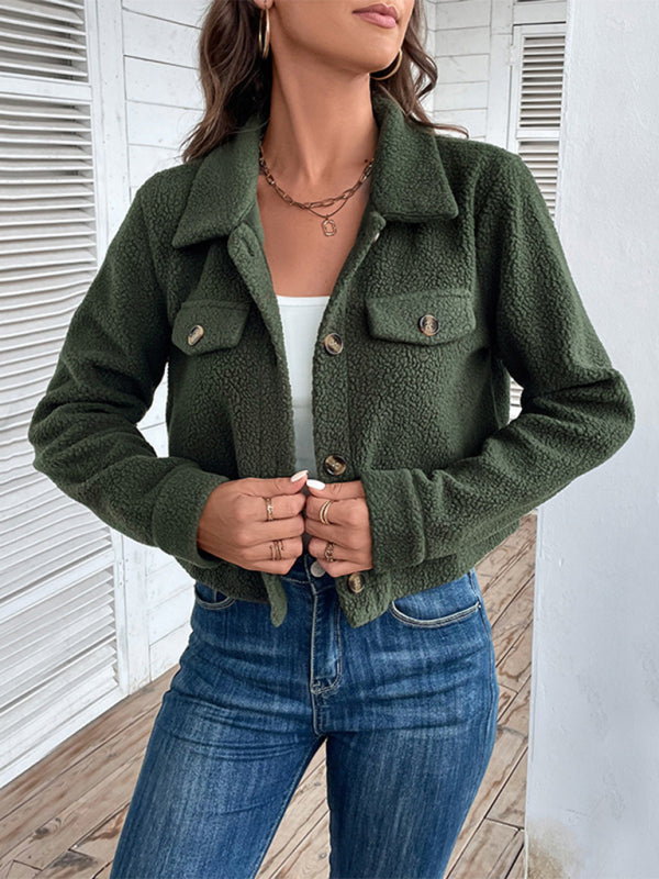 Fashion women’s solid color polar fleece short jacket - Green / S
