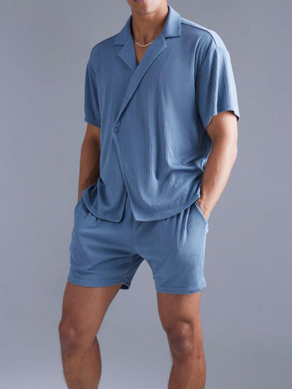 Fashionable and casual solid color dark blue short-sleeved shirt and shorts two-piece men’s suit