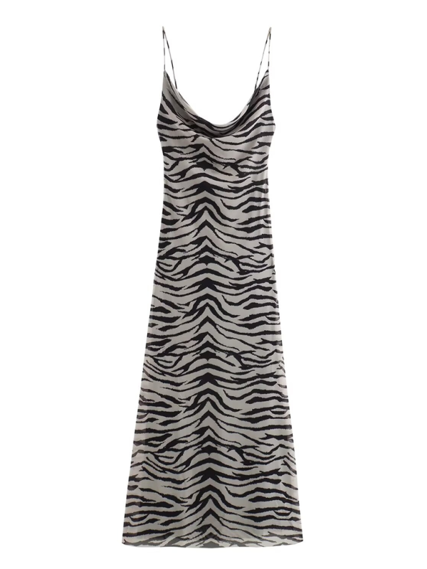 Fashionable and elegant animal print sexy backless suspender dress - Black / XS