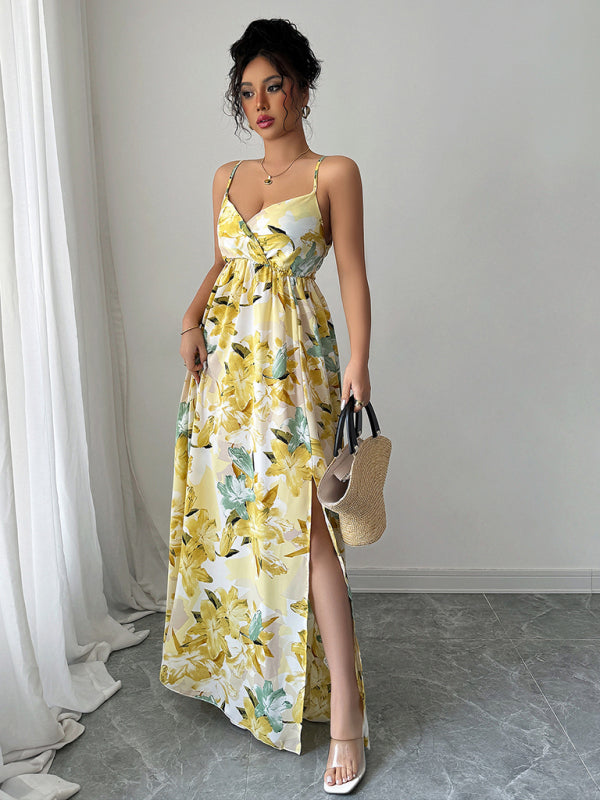 Fashionable and elegant suspender printed long dress - Yellow / S