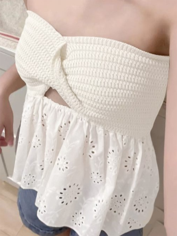Fashionable casual knitted embroidered stitching holiday sexy tube top top - White / S