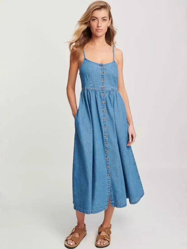 Fashionable Denim Suspender Dress for Women - Blue / S