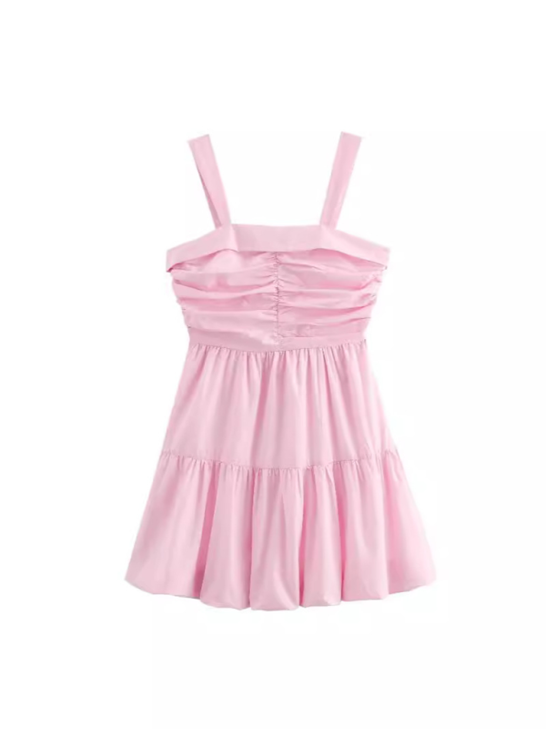 Fashionable design ruffled suspender short dress - Pink / XS