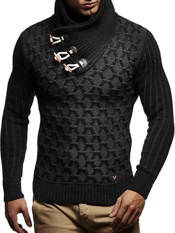 Fashionable men’s leather buttoned sweater pullover turtleneck loose coat - Black / S
