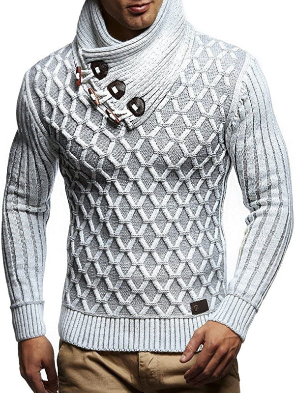 Fashionable men’s leather buttoned sweater pullover turtleneck loose coat - White / S