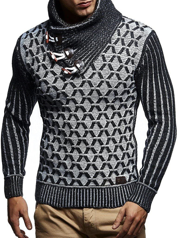 Fashionable men’s leather buttoned sweater pullover turtleneck loose coat - Charcoal grey / S