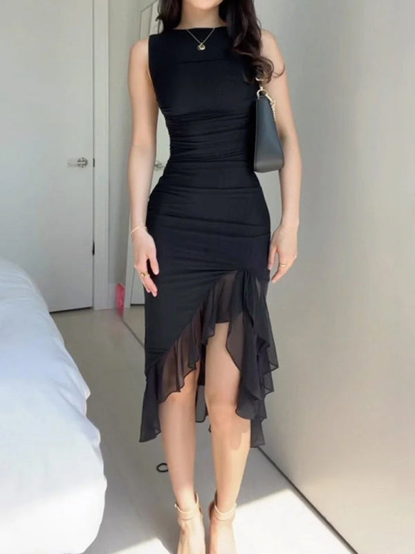 Fashionable mesh dress with irregular ear-cut waist and elegant pleat design - Black / S