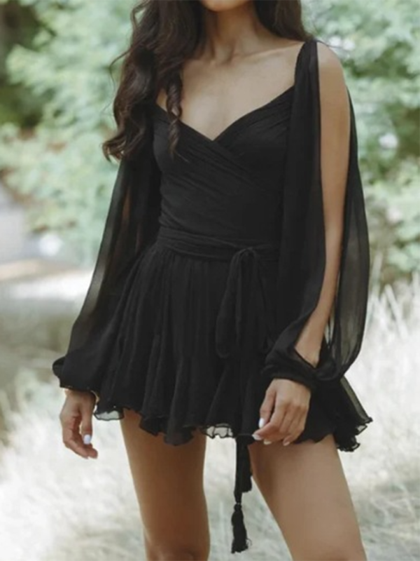 Fashionable off-shoulder sleeves V-neck sexy dress - Black / S