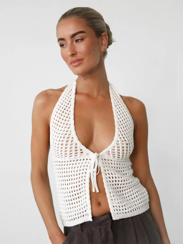 Fashionable sexy and comfortable hole-punch cardigan with open back - White / S