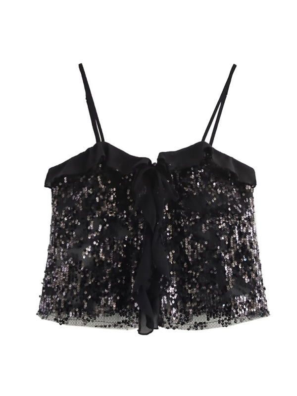 Fashionable simple and versatile casual sequined camisole top - Black / S