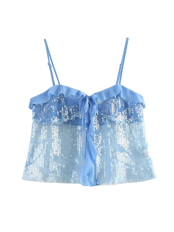 Fashionable simple and versatile casual sequined camisole top - Blue / S