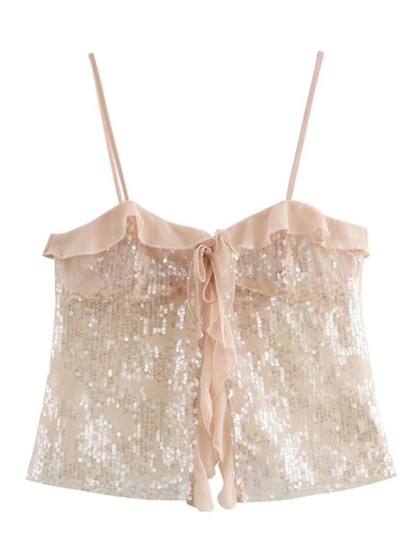 Fashionable simple and versatile casual sequined camisole top - Cracker khaki / S