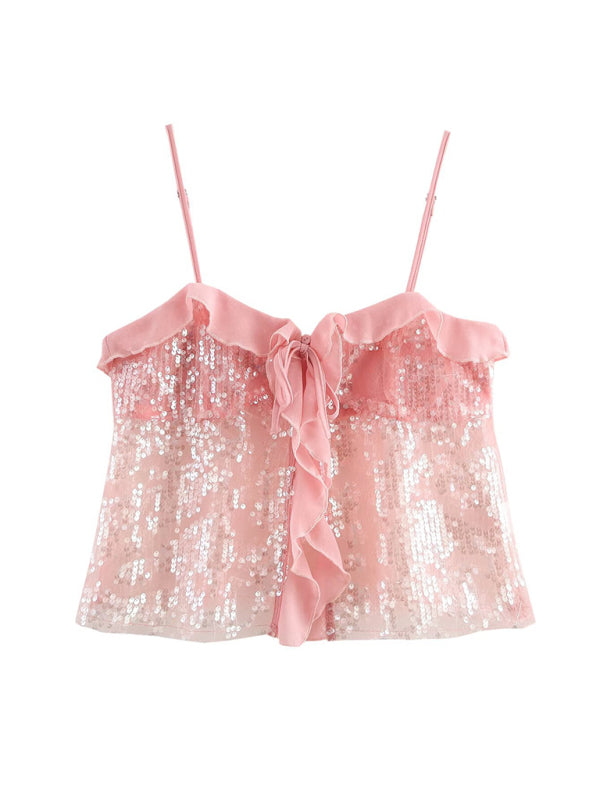 Fashionable simple and versatile casual sequined camisole top - Lotus root Pink / S